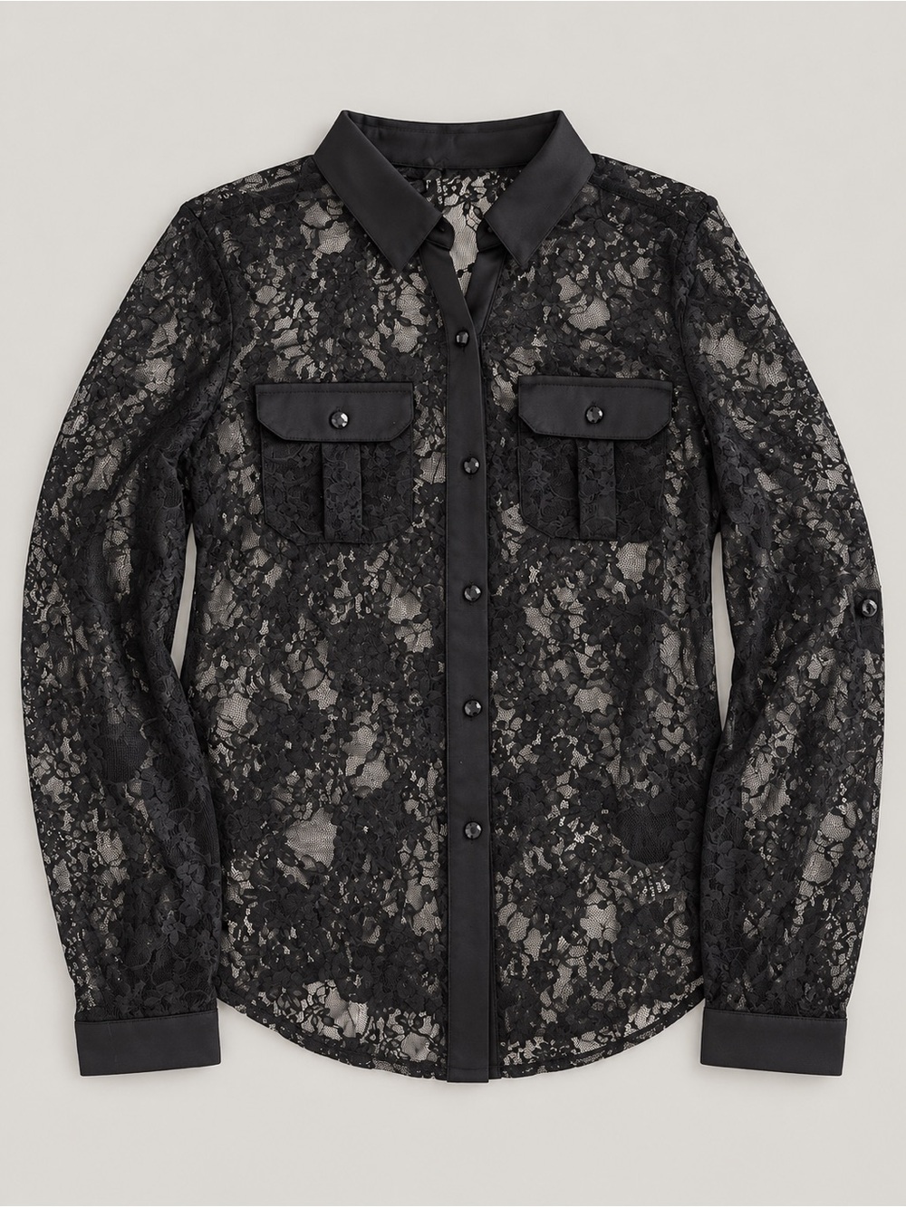 Lapis NWT Black Sheer Lace Roll-Tab Blouse Size L